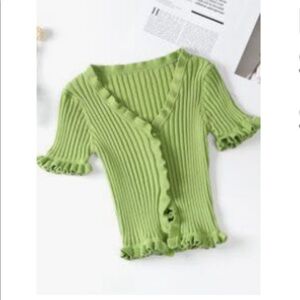 Ribbed Frilled-Trim Cropped Cardigan